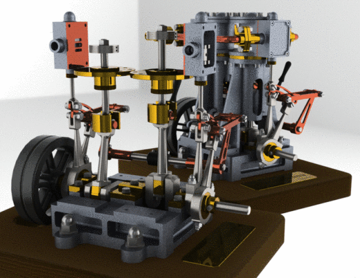 垂直双蒸汽机反向齿轮 斯特林发动机SolidWorks igs 带二维pdf图纸缩略图